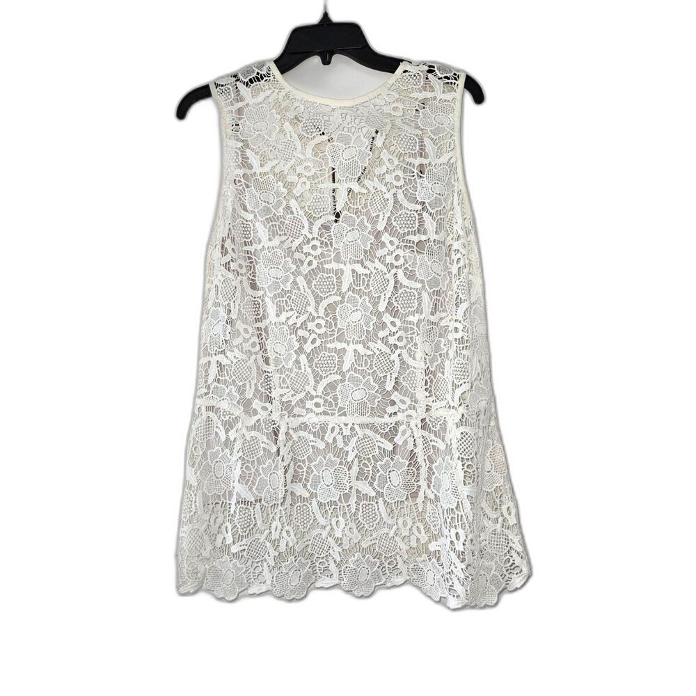 CABI White Needle Lace Sleeveless Peplum Top Large